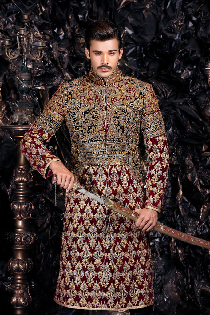 Red, Gold and Navy Sherwani with Gold Spiral Embroidery Details