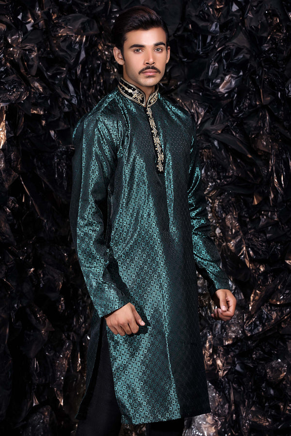 Sea Green Embroidered Kurta Bollywood Indian Mens Shirt