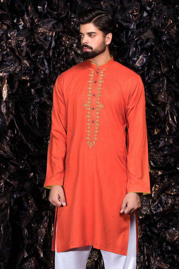 Orange Kurta Patterned Bollywood Indian Mens Shirt