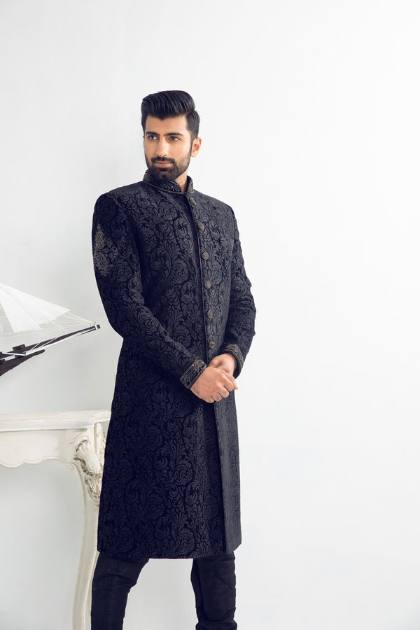 Black Damask Embroidery Sherwani