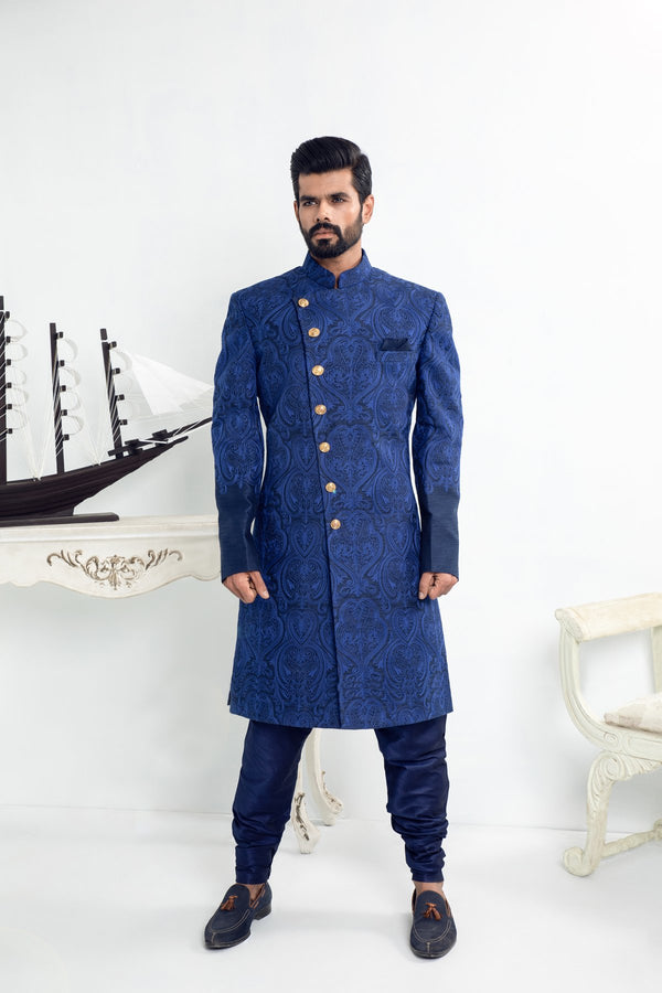 Blue Thread Embroidered Sherwani