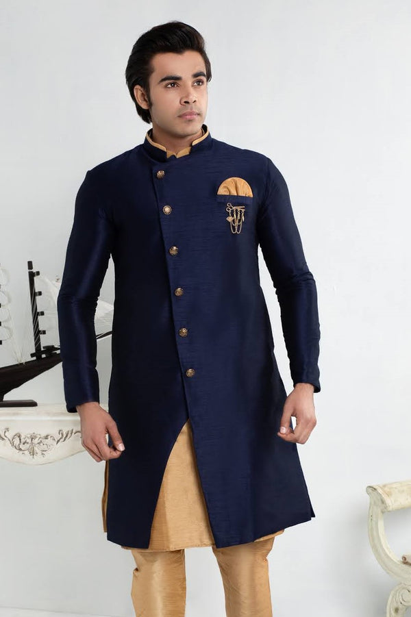 Royal Blue Cross-Cut Sherwani Suit with Gold buttons