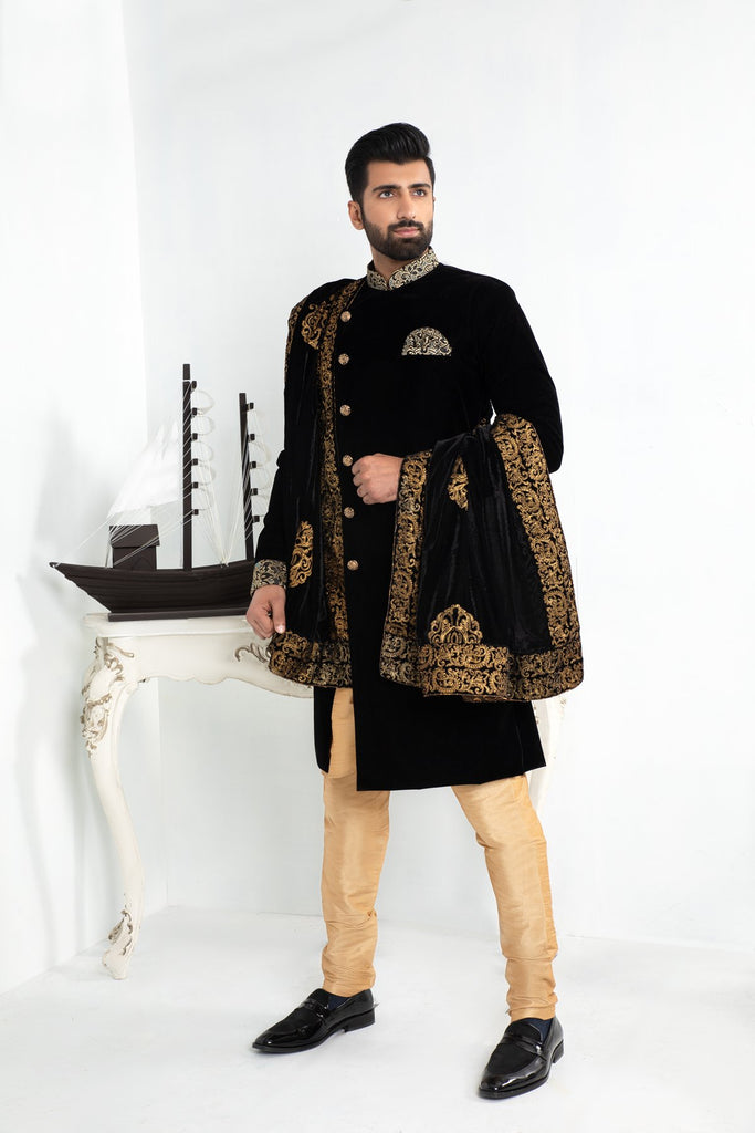 Black Velvet Shawl with Gold Embroidery