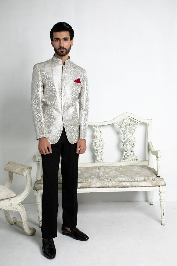 Ivory and Silver Brocade Jodhpuri Jacket