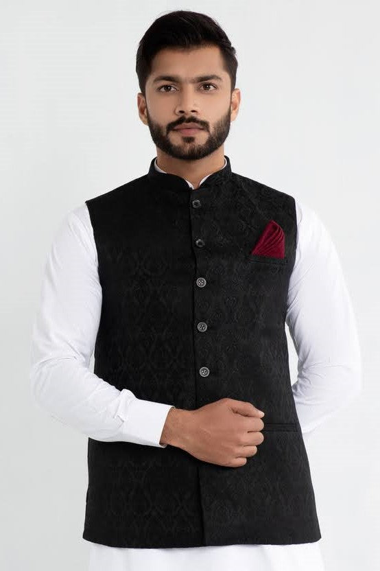 Black Brocade Pakistani Waistcoat