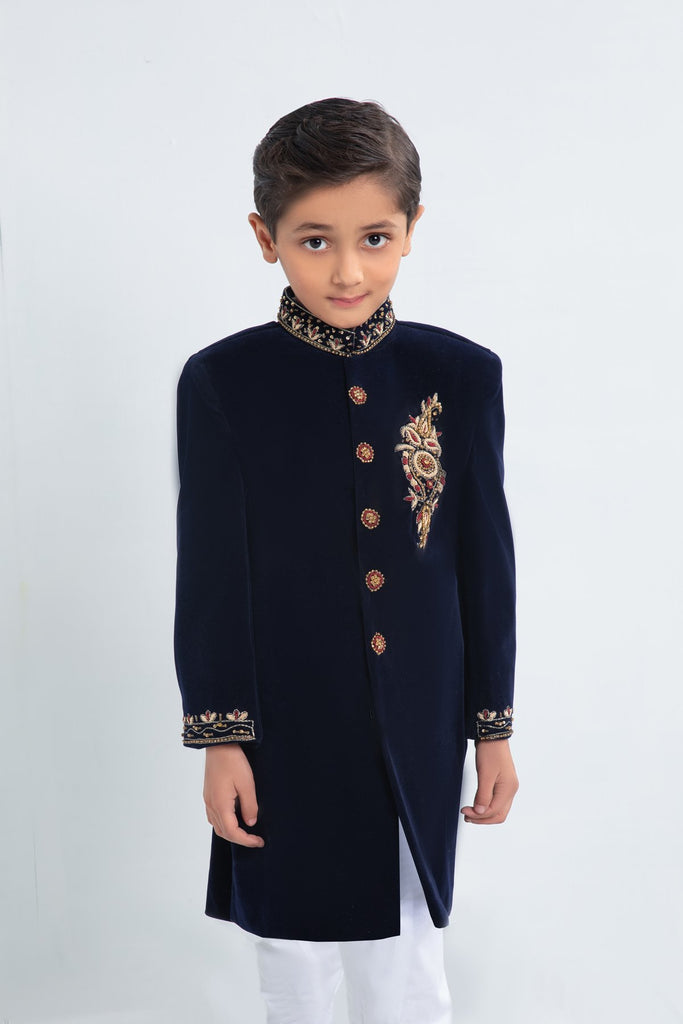 Navy Boys Sherwani in Velvet