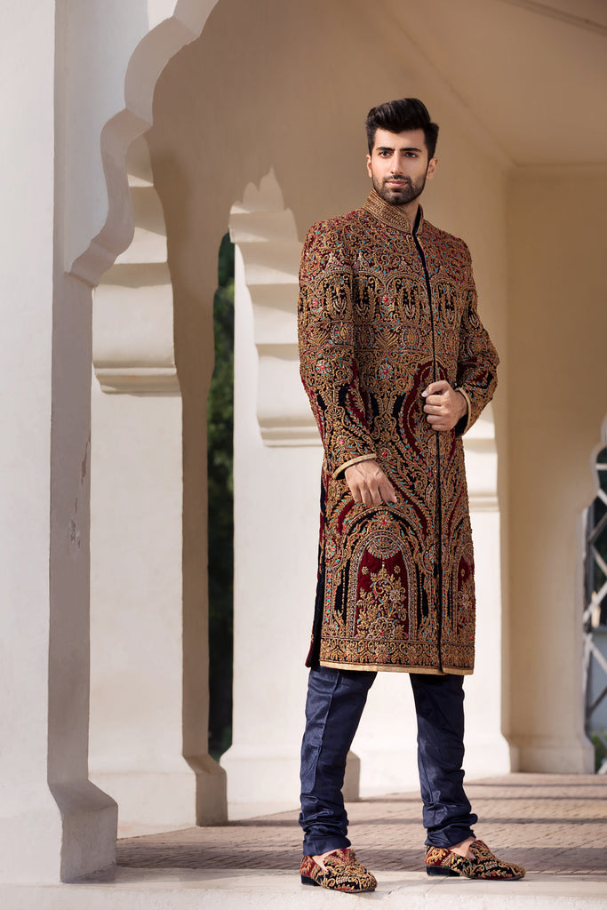 Navy and Maroon Maharajah Sherwani with Antique Gold Embroidery