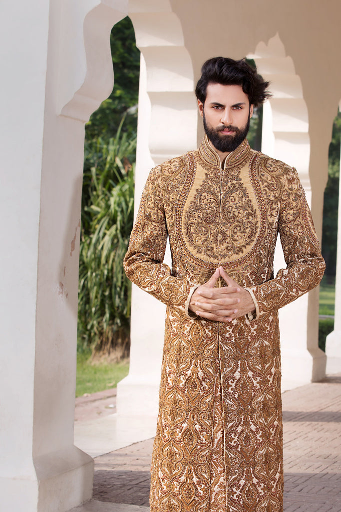 Gold Sherwani with Red Patterned Front and Back Detailing