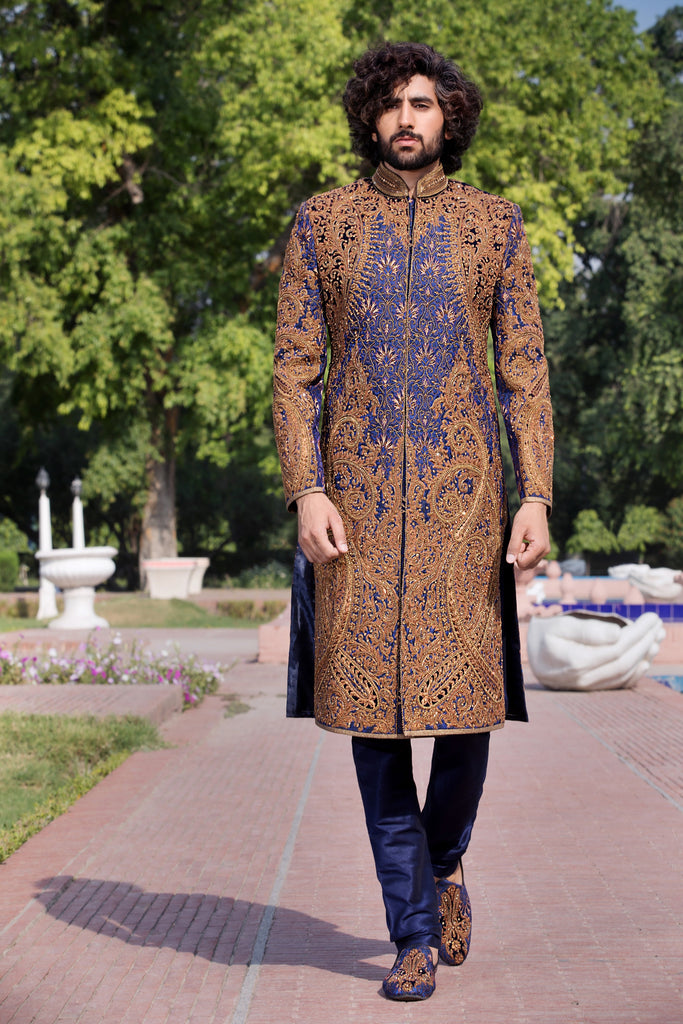 Navy Blue Sherwani with Copper Embroidery