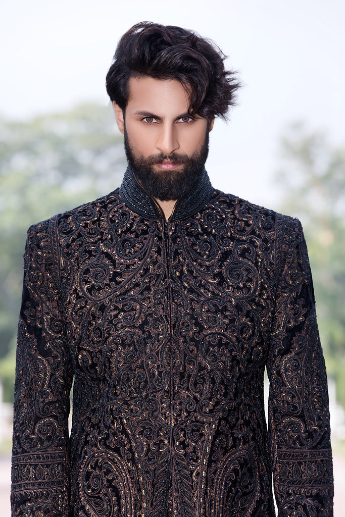 Black Velvet Maharaja Sherwani with Gemstones and Bronze Detail