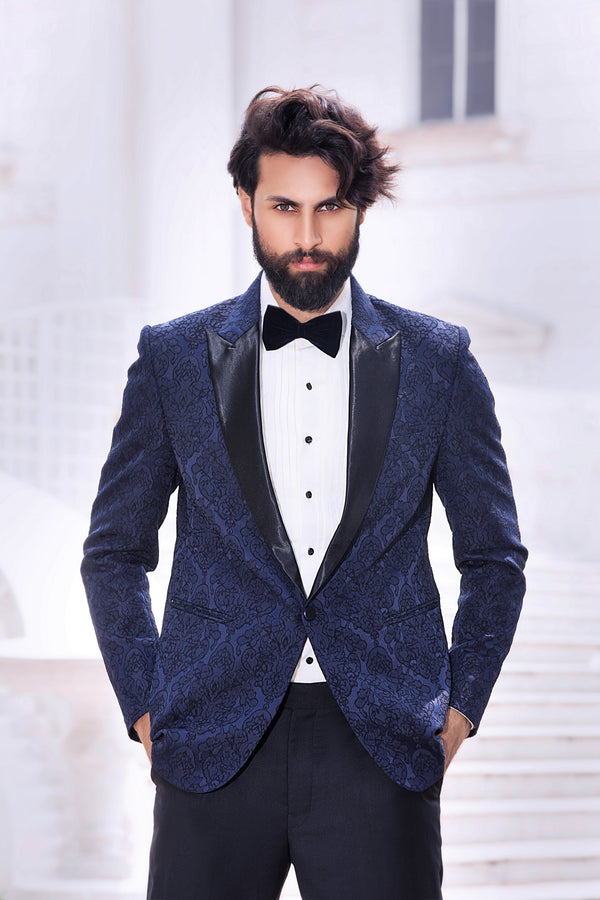 Navy Blue 3D Embossed Brocade Blazer