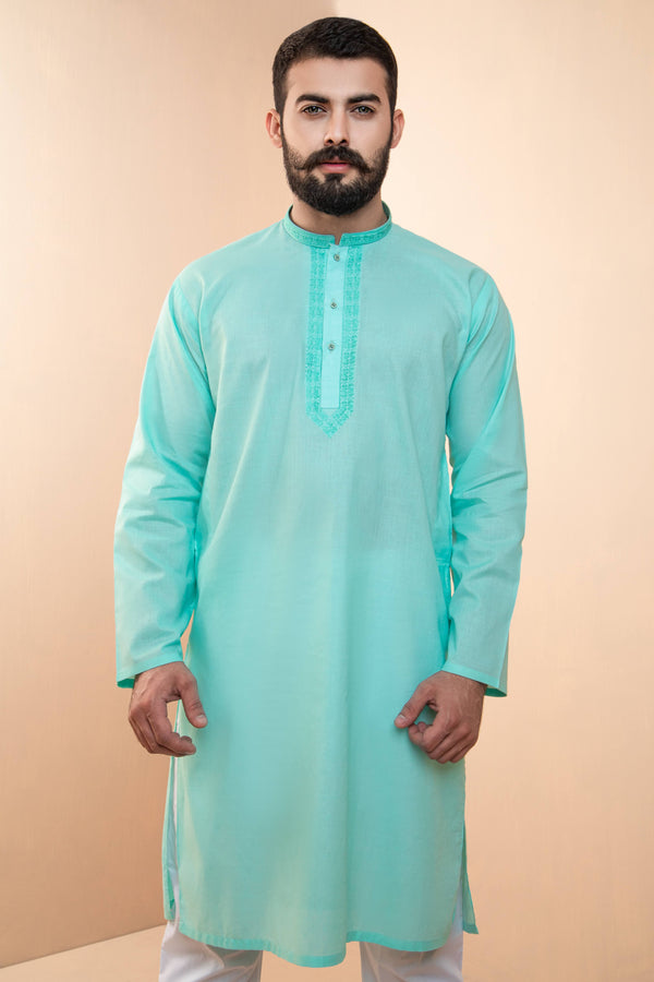 Teal Kurta Set with Patterned Collar and Front