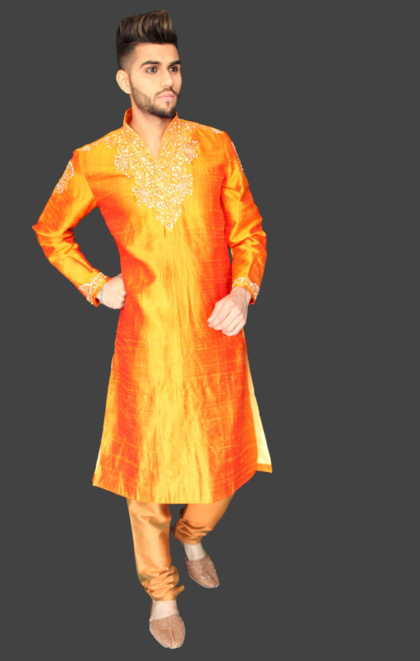 Orange Silk Kurta Sherwani with Embroidered chest