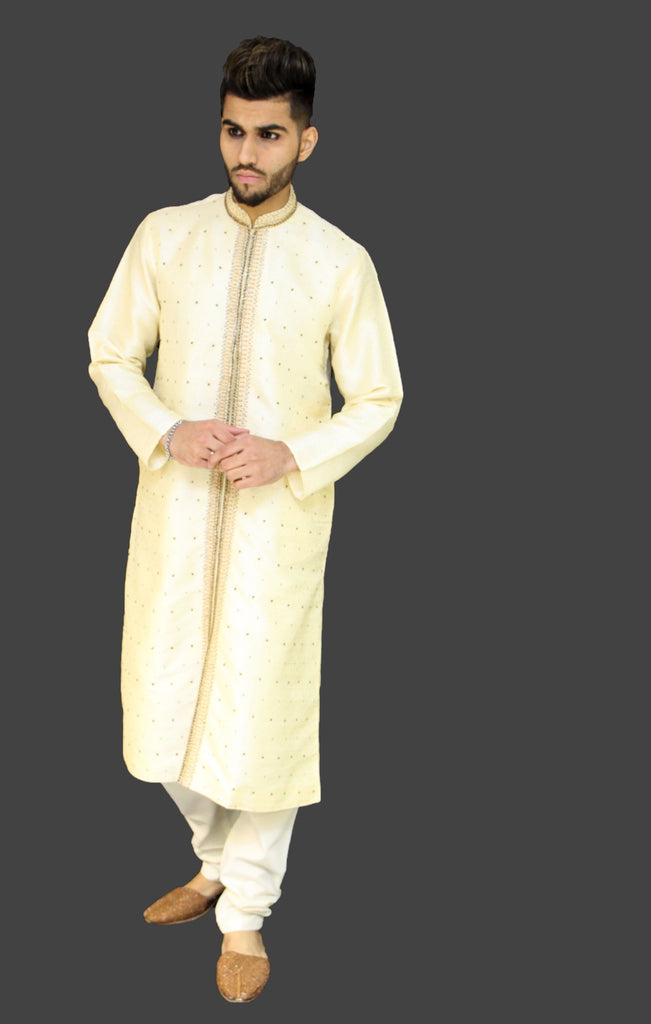 Gold Embellished Kurta Sherwani with Collar and Chest Embroidery