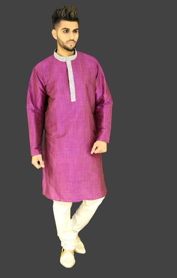 Magenta Kurta Sherwani with Stonework detail on Collar and Chest