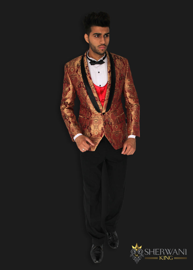 Red and Copper Patterned Brocade Blazer