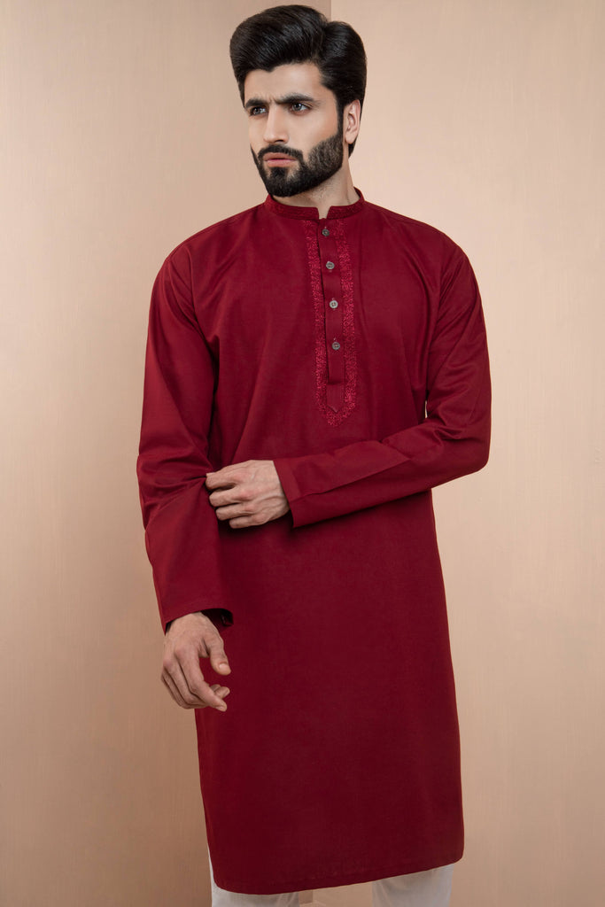 Crimson Kurta Set with Patterned Collar and Front