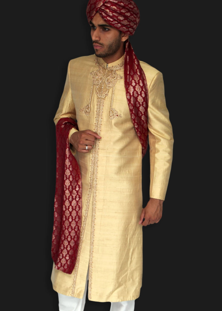 Light Gold Sherwani with Delicate Hand Embroidered Zardozi Detailing