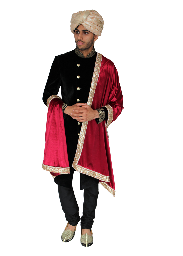 Maroon Velvet Shawl with Thin Gold Embroidered Trim