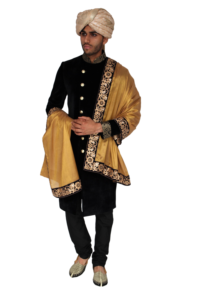 Gold Velvet Shawl with Navy and Gold Embroidered Trim