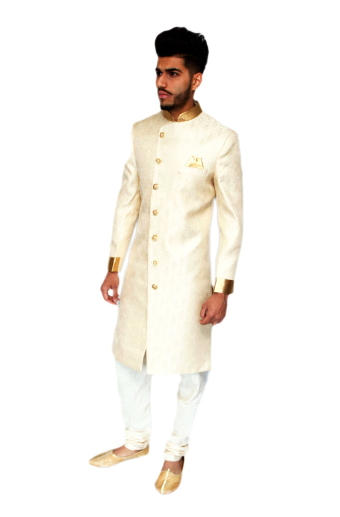 Light Gold and Cream Brocade Sherwani with Gold details