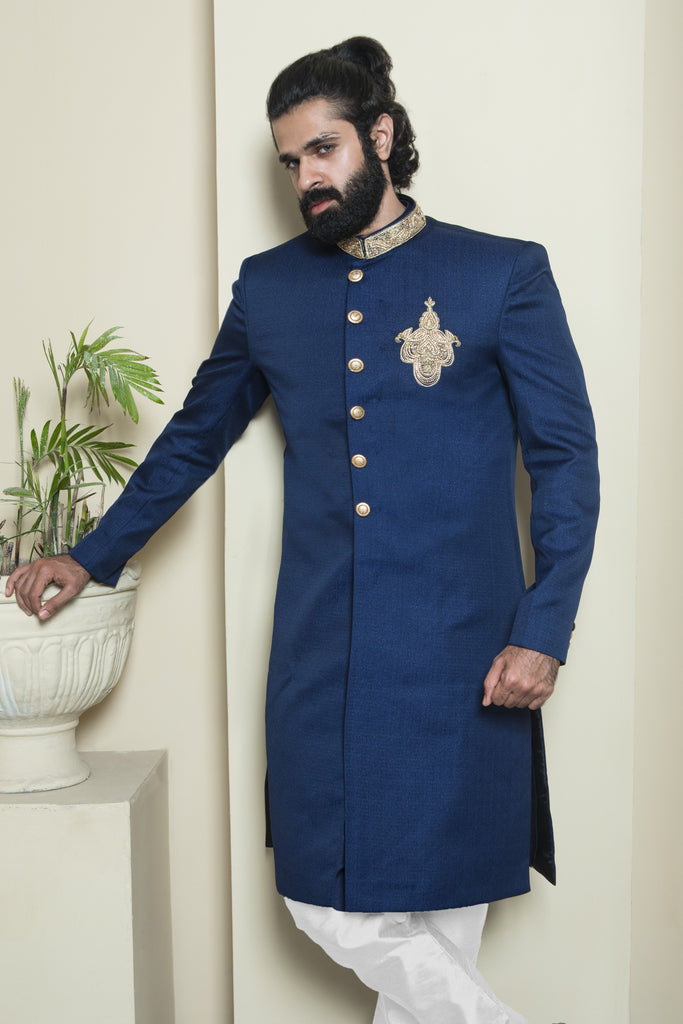Deep Blue Classic Sherwani with Gold Details