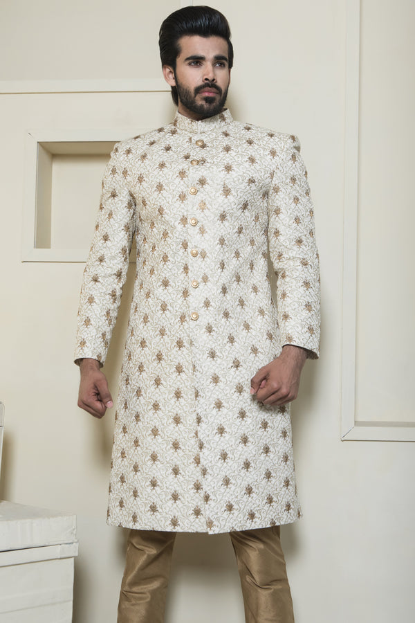 Gold Sherwani with Bronze Thread Embroidery