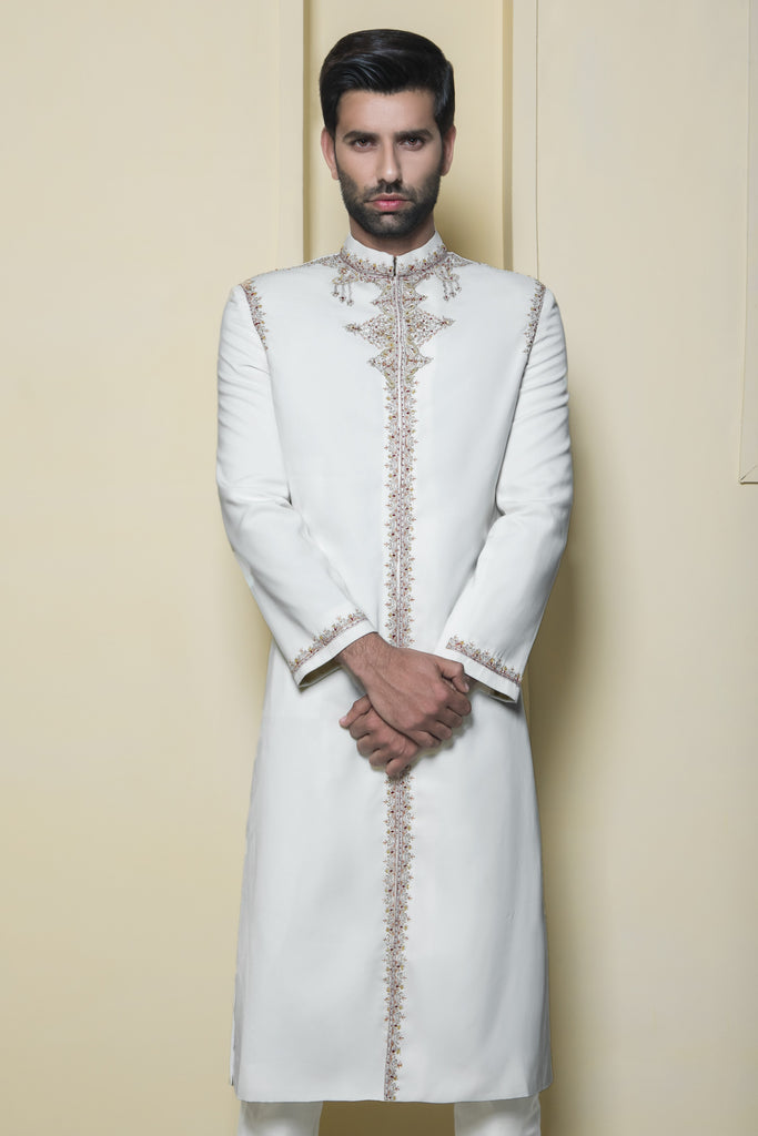 Ivory White Elegant Indian Sherwani with Red Embroidery Details