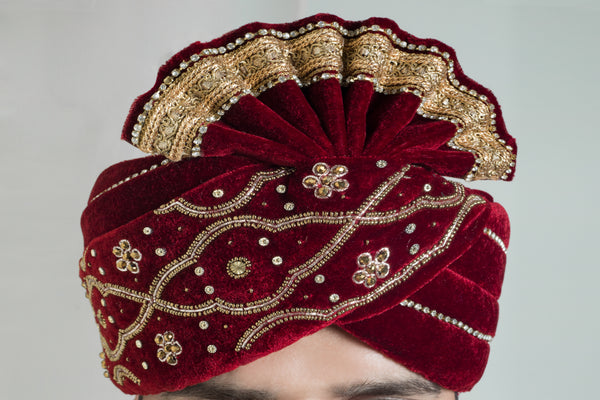 Maroon and Gold Turban with Embroidery