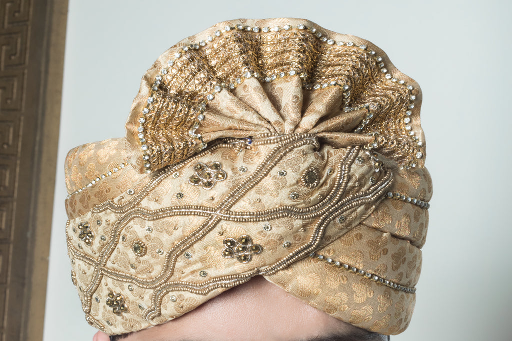 Gold Turban Hat with Stone Embroidery