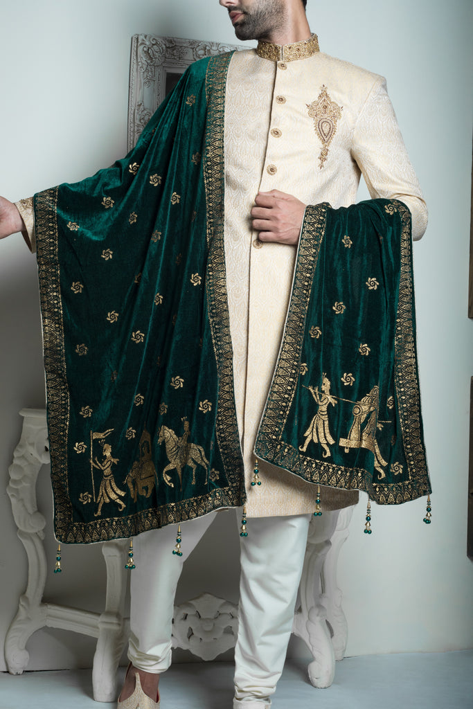 Emerald Green Shawl with Gold Trim and Details