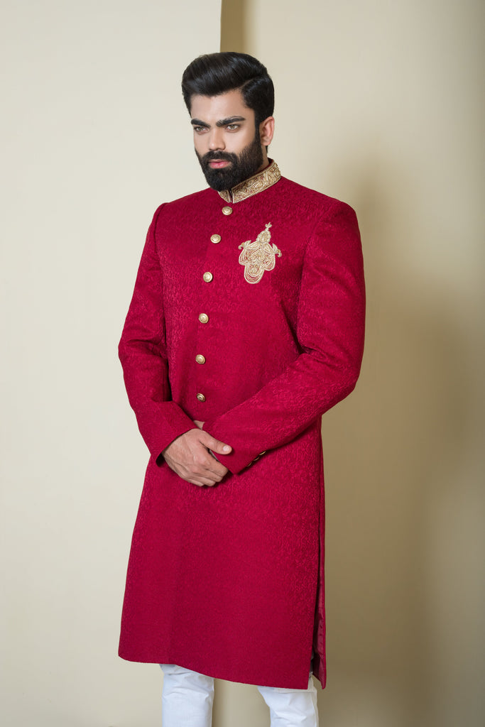 Red Classic Sherwani with Gold Details