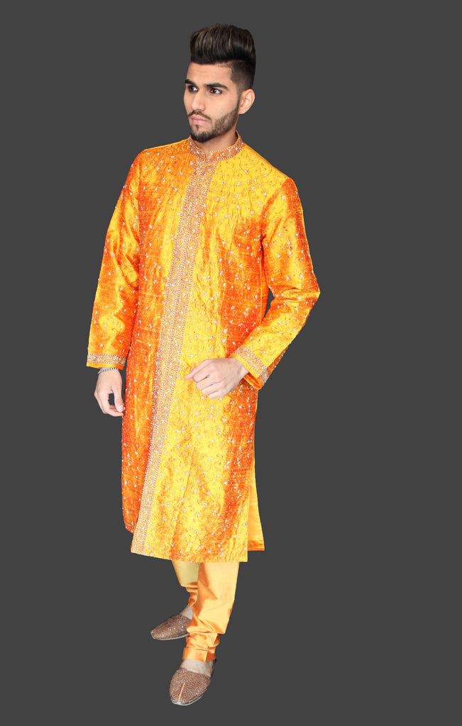 Mustard Embroidered Silk Kurta Sherwani