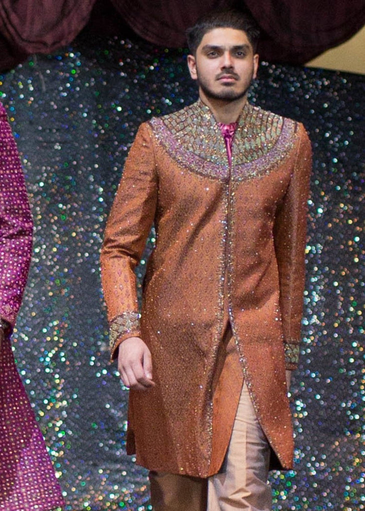 Rust Sherwani with Neck Embroidery