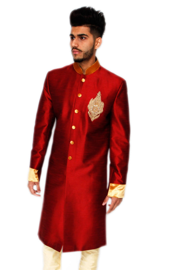 Red Silk Sherwani with Gold Motif