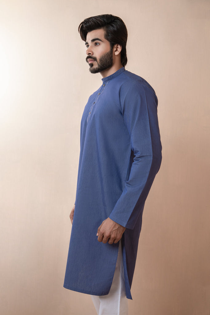 Powder Blue Kurta Set with Detailed Collar and Front