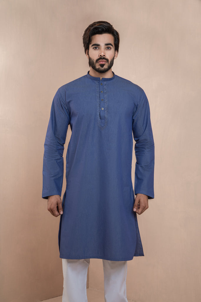 Powder Blue Kurta Set with Detailed Collar and Front