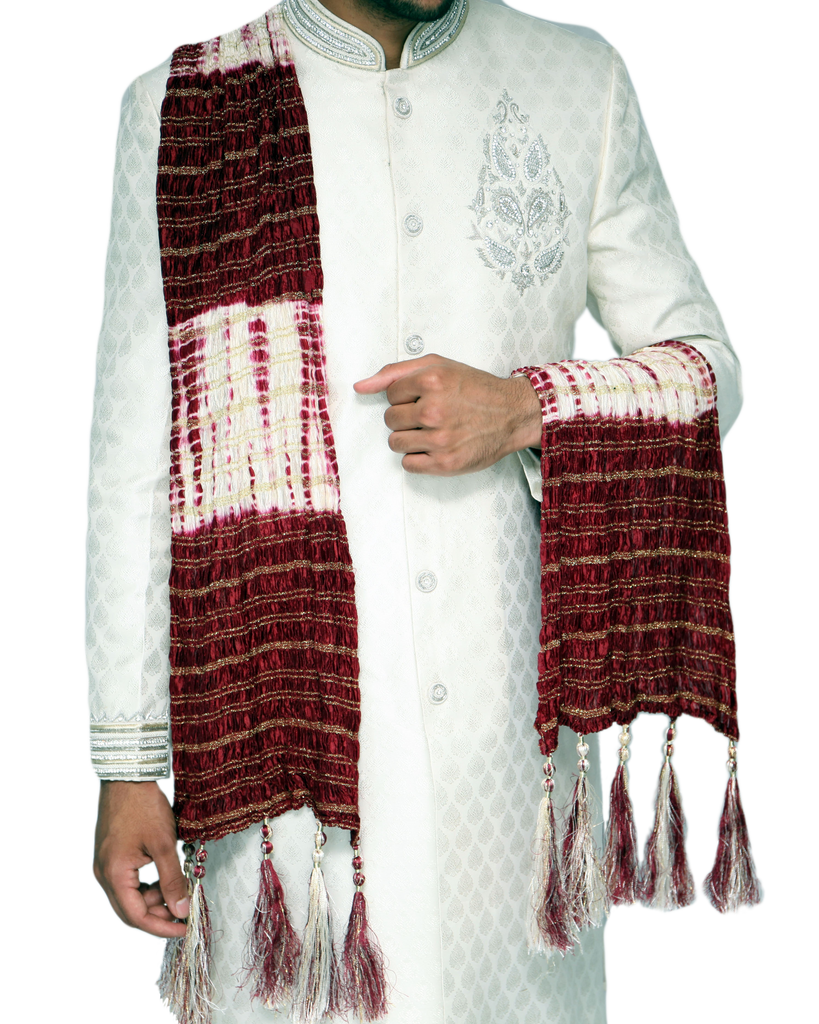 Maroon and White Patterned Sherwani Scarf - 120