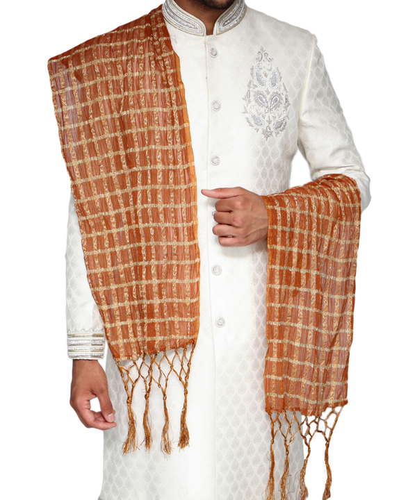 Orange and Gold Check Pattern Sherwani Scarf