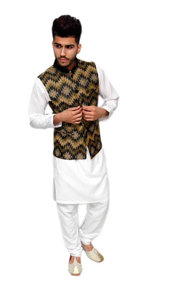 Green and Blue Abstract print Waistcoat with Black Velvet Collar