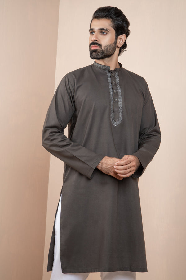 Charcoal Kurta set with Patterned Collar and Front