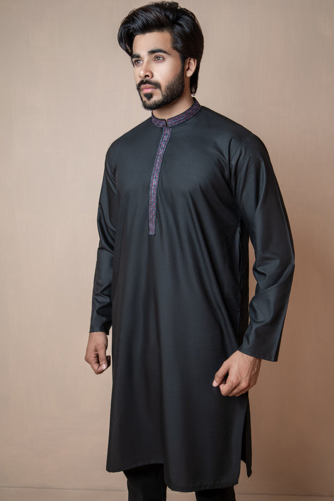 Midnight Black Kurta Set with Patterned Collar and Front
