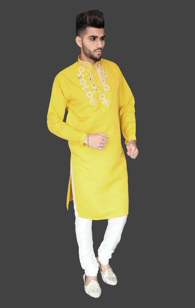 Yellow Silk Kurta with Chest Embroidery detail