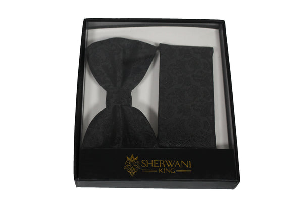 Black Brocade Silk Bow Tie and Pocket Square Set