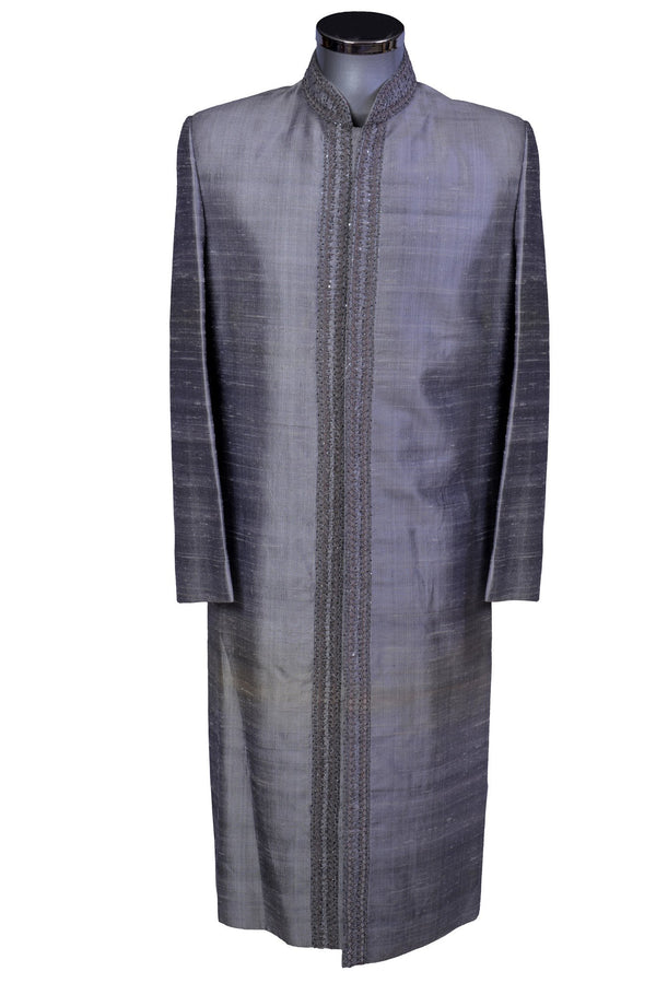 Ivan - Opulent Silver Sherwani in Raw Silk - Sherwani King - - 2