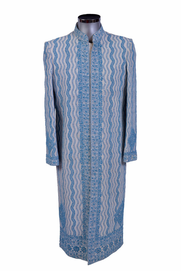 Ejaz - Rich White & Blue patterned Sherwani - Sherwani King - - 1