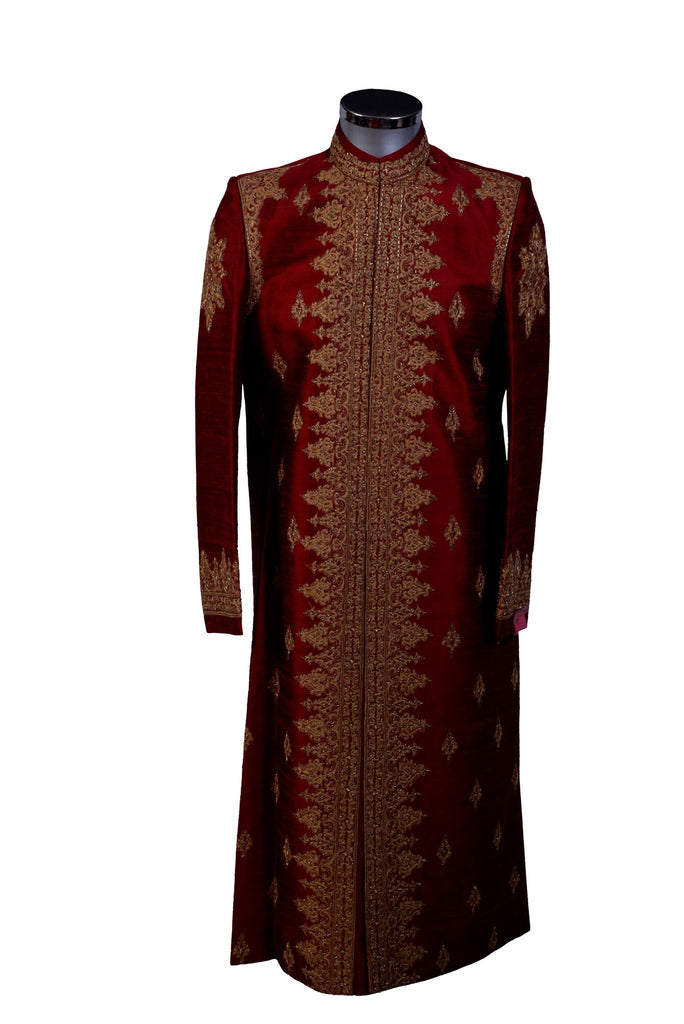 Arif - Red Silk Sherwani with Gold Embroidery - Sherwani King - - 2