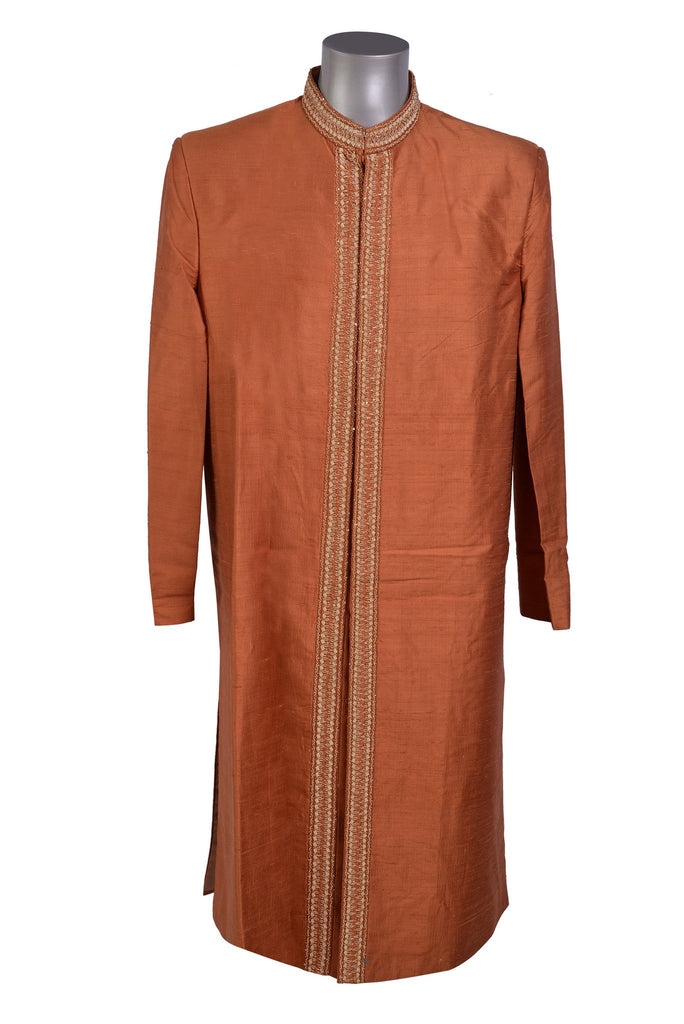 Ehsan - Orange Iridescent Raw Silk Sherwani - Sherwani King - - 1