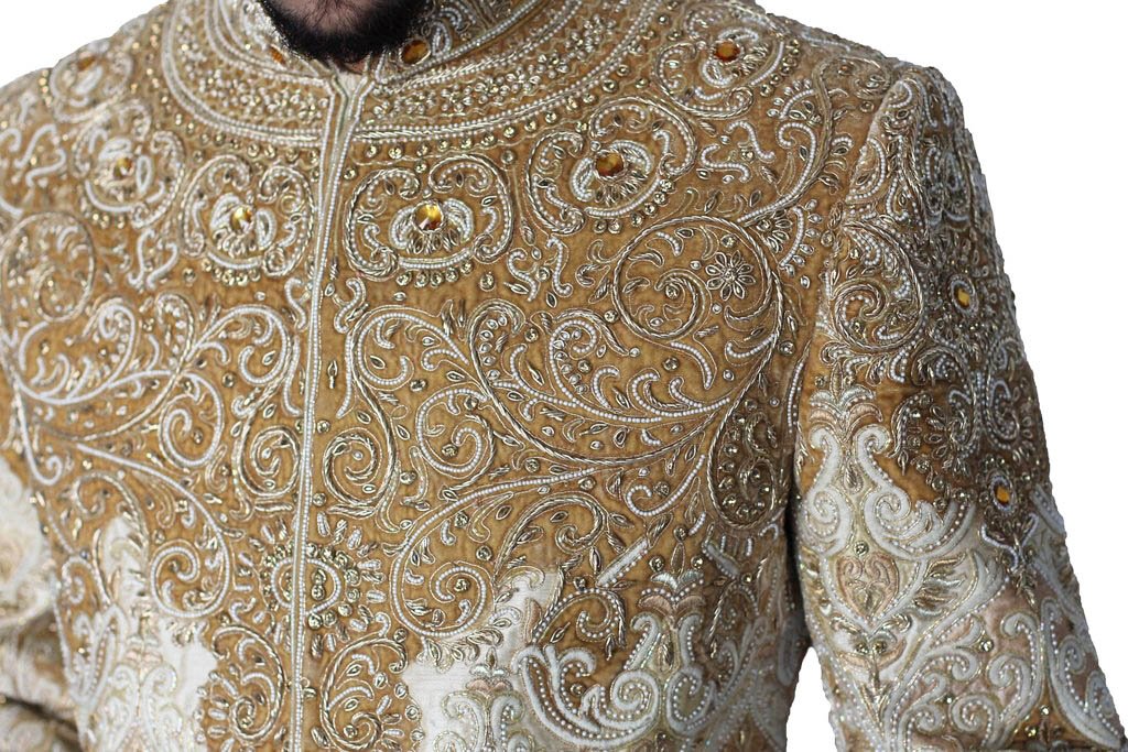 Ivory and Gold Sherwani with Zardozi handwork and Gemstone details