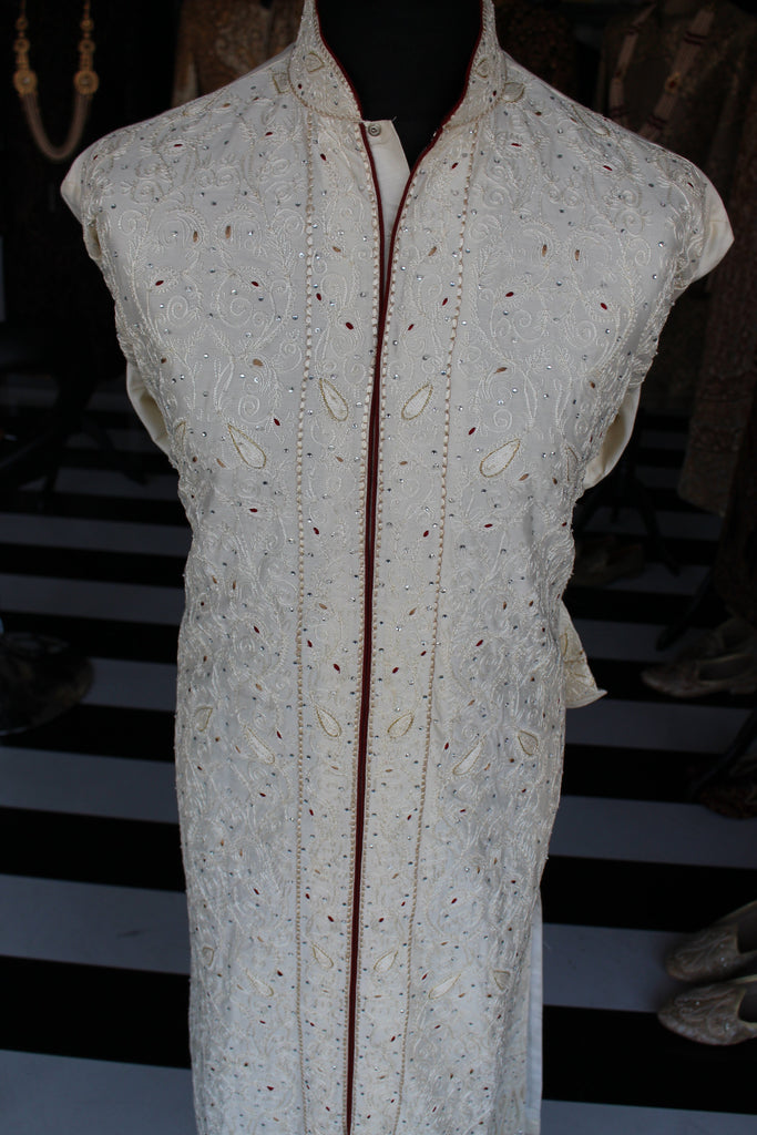 Cream Kurta Sherwani with Full Frontal Embroidery and Back Motif